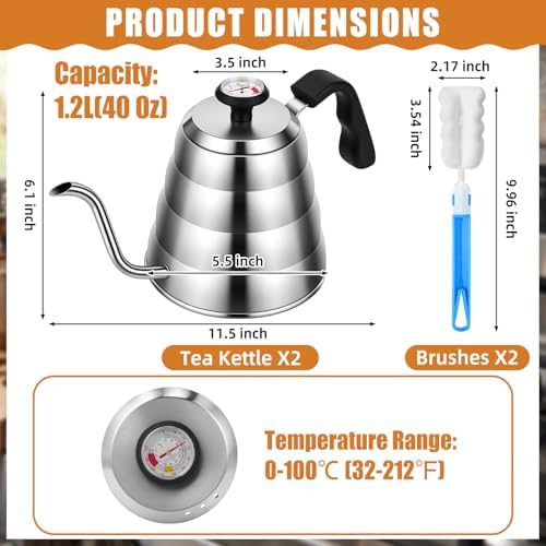 2 Sets Tea Kettle with Thermometer Pot and 2 Pcs Brushes, 40 Fl oz Stainless Steel Gooseneck Pour over Coffee Maker Teapot Pour over Coffee Kettle, 1200ml for Home Kitchen Camping - Image 2