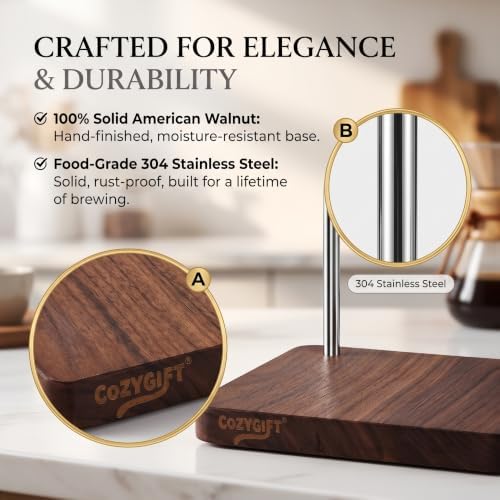 Pour Over Coffee Maker Stand with American Black Walnut Base, Stainless Steel Adjustable Dripper Holder, Wooden Brewing Station, Cone Brewer Rack, Barista Accessories & Kitchen Coffee Décor - Image 6