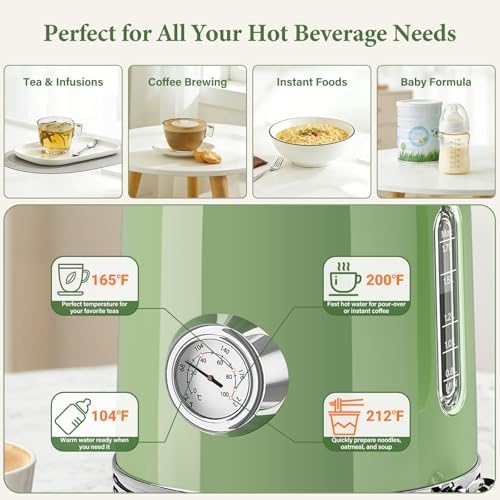 Electric Kettle, 1.7L Tea Kettle with Thermometer, Retro Green - Image 5