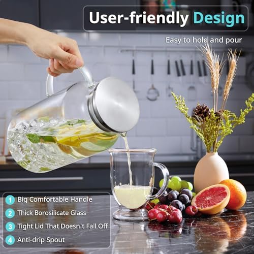 Bivvclaz 1 Gallon Glass Pitcher with Lid and Handle, Water Pitcher for Fridge, Glass Carafe for Hot/Cold Water, Large Iced Tea Jug for Coffee, Juice and Homemade Beverage - Image 3