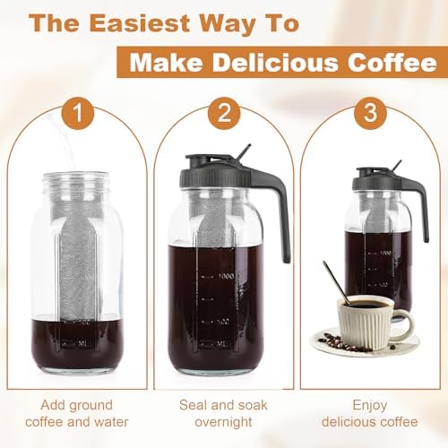 Cold Brew Coffee Maker, 64 oz Mason Jar Pitcher with Stainless Steel Filter, Pour Spout Handle Lid, Airtight & Leak-Proof for Iced Coffee,Tea & Lemonade -2pack - Image 5