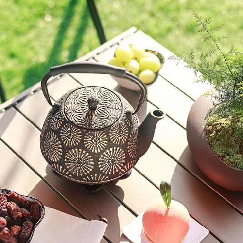 Cast Iron Teapot, 40oz Tea Kettle with Infuser for Stove Top, Sakura Design Japanese Tea Pot for Loose Leaf Coated with Enameled Interior, Silicone Handle 1200ml Black - Image 2