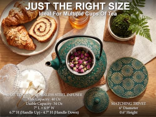 40 Oz Green Maple Leaf Cast Iron Teapot, Enamel Interior, Infuser & Trivet - Image 5