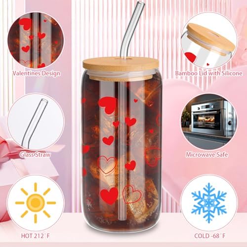 6 Pcs Glass Cups with Lids and Straws 16 oz Hearts Coffee,Red - Image 7