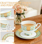 Luxury White & Gold Embossed Tea Cups and Saucers with Teapot, Sugar Bowl, & &Creamer, Vintage European Porcelain Coffee Set for Tea Party, Wedding, Gift (Teal, 4pcs/set) - Image 4