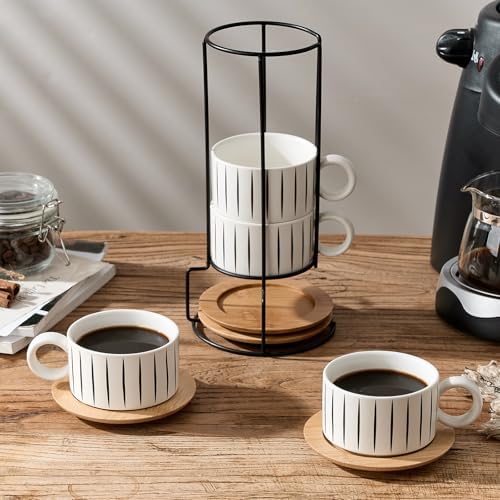 LUKA 6 Ounce Porcelain Stackable Espresso Cups with Saucers and Metal Stand Set of 4, Ceramic Cappuccino Cups Set for Specialty Coffee Drinks, Latte, Cafe Mocha and Tea, Stripes, White - Image 6