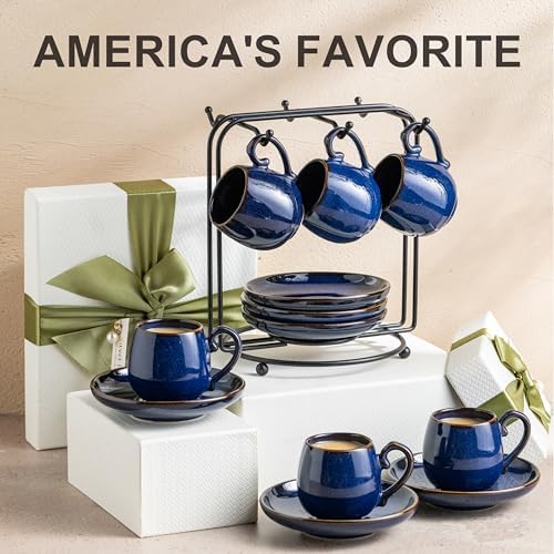 LYEOBOH 3 Ounce Espresso Cups Set of 6, Ceramic Small Coffee Cups with Saucers, Cute Demitasse Cups and Metal Stand with Spoons for Great Gift, Mini Cafe Cup for Espresso, Mocha, Tea - Cobalt Blue - Image 4