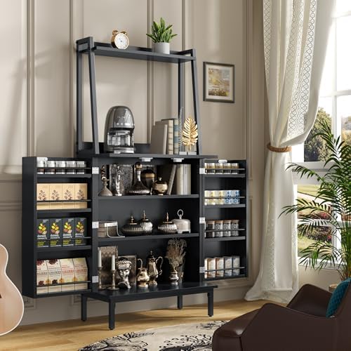 kepptory 51" Kitchen Baker's Rack with Storage, Microwave & Toaster Oven Stand, Freestanding Coffee Bar Station with Wine Glass Holder & Side Storage Shelves, Black by kepptory