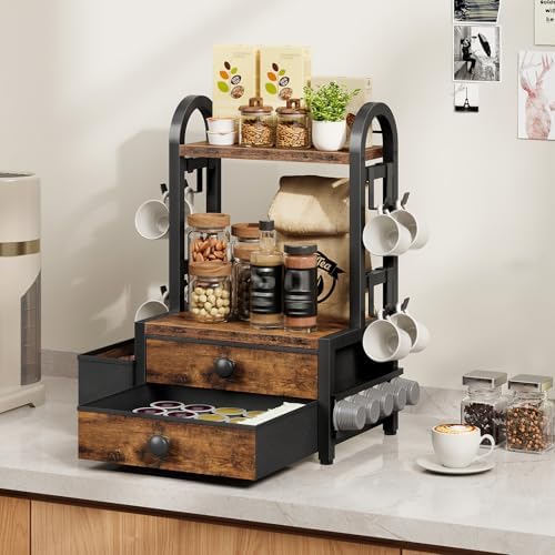 HOOBRO Coffee Mug Tree, 2 Tier Mug Organizer, Coffee Mug Cup Holder with a Sliding Drawer, Mug Display Stand with 8 Hooks, Countertop Holder Rack, Black and Rustic Brown BF04CR01 - Image 3
