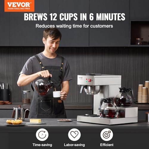 VEVOR 12 Cups Commercial Drip Coffee Maker, Coffee Maker Machine with 3 Glass Carafes and 3 Warmer Plates, Stainless Steel Pour Over Coffee Brewer for Restaurant, Office, Cafe - Image 2