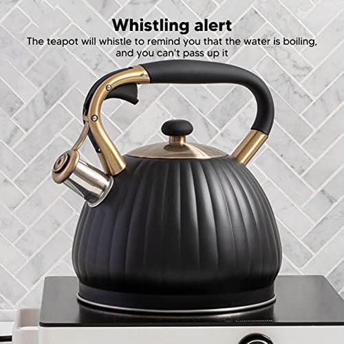 3.5L Black Stainless Steel Whistling Tea Kettle, Pumpkin Shape Stovetop Tea Pot, Large Capacity Fast Heating Teapot with Simple Touch, Unique Ergonomic Handle, Whistling - Image 3