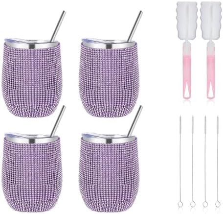 12 Oz Bling Wine Tumbler with Lid Straw and Brushs, 4 - Pack Insulated Wine Glass Tumbler Double-Wall Vacuum Stainless Steel Coffee Mug Sparkly Travel Cup for Beer Champaign Cocktail, Purple by Unknown