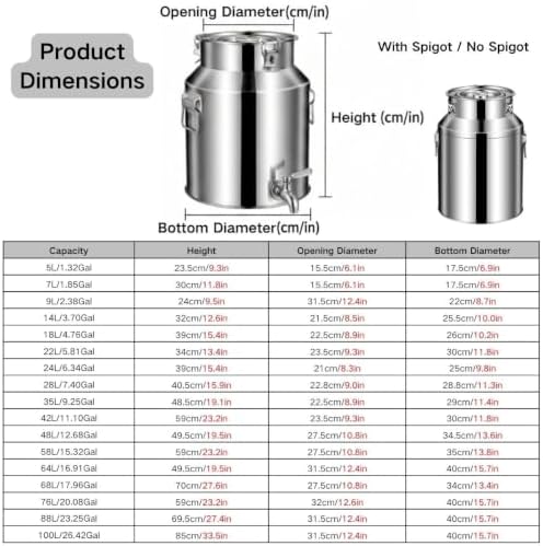 1.32-26.42Gal Stainless Steel Milk Can Bucket, Wine Pail Bucket with Spigot - Image 7