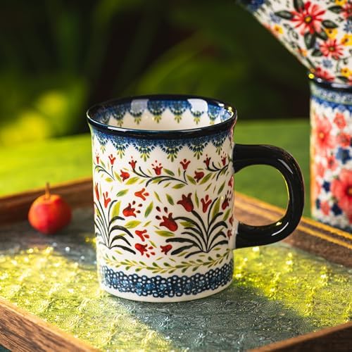 Ceramic Latte Mug Set of 4, 15.5oz Hand Painted Porcelain Coffee Cups With Big Handle - Modern,Retro Design For Any Kitchen. Microwave and Dishwasher Safe (The tulip) - Image 6