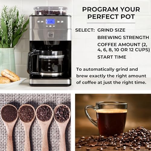 Kenmore Elite Grind and Brew Coffee Maker w/ Burr Grinder, 12 Cup Programmable Automatic Timer Brew Coffee Machine, Air-Tight Bean Hopper, Grind Size and Brew Strength Selectors, Stainless Steel - Image 4