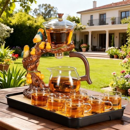 Lazy Kungfu Glass Tea Set Heat Resistant Semi Automatic Drip Rotating with Infuser Magnetic Teapot Set for Gongfu Tea Making Ideal (Gourd Bird) - Image 7