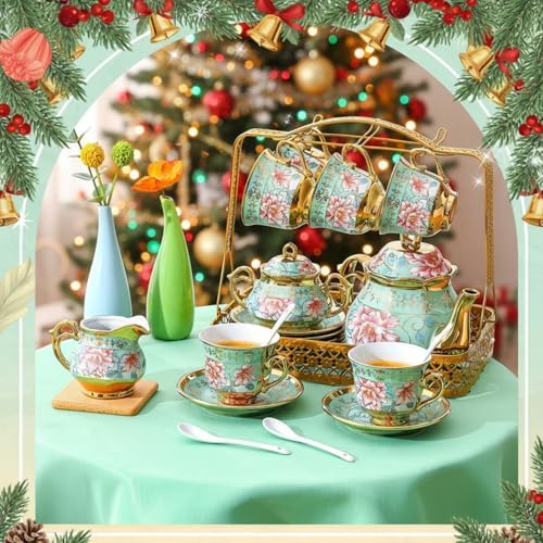 22 Pcs Vintage Porcelain Tea Sets for 6, Green Peony Floral - Image 6