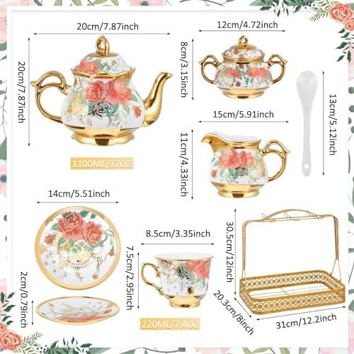 22 Pcs Vintage Porcelain Tea Sets for 6, White Rose Floral - Image 2