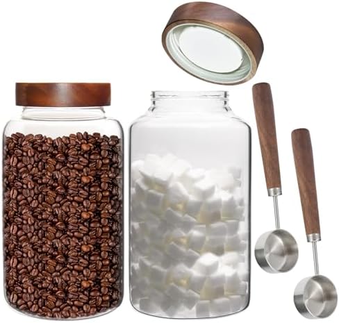 Glass Coffee Jars Spice Jar Round Storage Canister with Wooden Lid Clear Glass Food Jar for Pantry Sugar Tea Coffee Bean Spice Nuts Cookies Bath Salts (2300ml/77oz-2PACK(with spoon) by Patoper