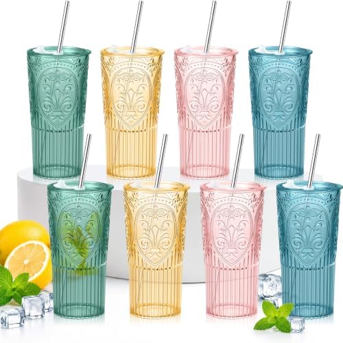 8 Set Vintage Tumbler with Lid and Straw, Iced Coffee Cup, Mixed Color by Acellegic