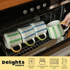 Striped Ceramic Coffee Mug Set of 4 (16oz) - Handmade Look Tea Cups with Yellow/Green Handles, Microwave Safe, Durable Daily Drinkware - Image 2