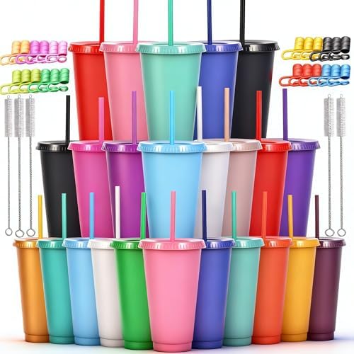 24 oz Reusable Plastic Cups, Custom Cups for Party with Lids and Straws, 24 Pack Iced Coffee Travel Mugs or Mean Girls Party Tumblers, Leak-Proof Coffee Travel Mug (24, Mixed) by Alohastarttg