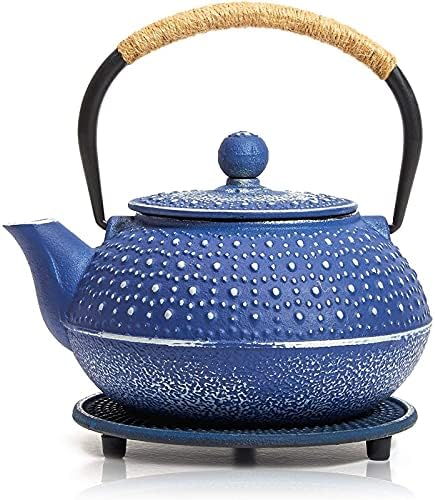 Juvale Cast Iron Teapot with Infuser - Blue, 27 oz (800 mL) - Stovetop Tea Kettle for Loose Leaf Tea - Includes Stainless Steel Infuser & Trivet by Juvale