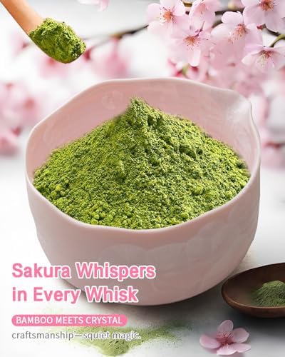 Natural Crystal Flower Matcha Set - 4 Pcs Food Grade Matcha Kit with Spouted Bowl, Matcha Whisk, Scoop and Chasen Holder - Matcha Tea Ceremony Gift for Matcha Lovers (Sakura Whisper) - Image 4