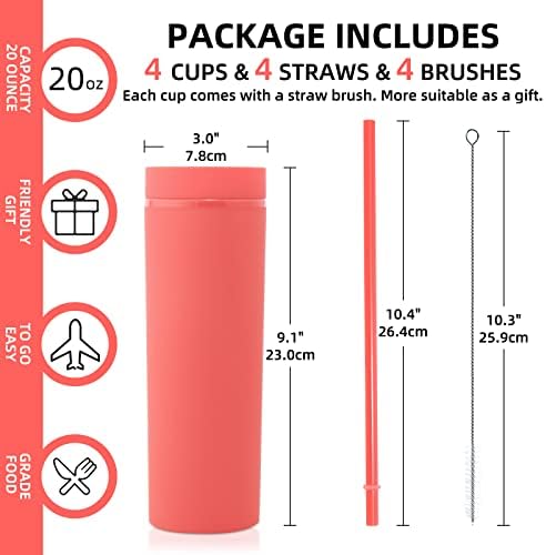 Volhoply 20oz Tumbler with Lid and Straw 8 Pack,Double Wall Plastic Skinny Tumblers Bulk,Reusable Travel Cute Coffee Mug,BPA Free Matte Acrylic Water Cups with Straw for Party,DIY Gifts(Red, 8 Set) - Image 3