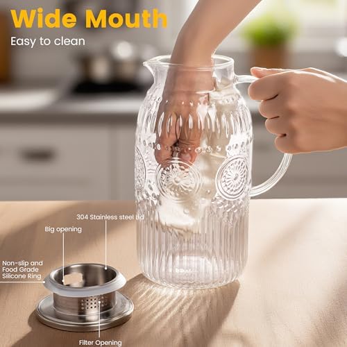 Bandesun Vintage Glass Pitcher with Lid, 101oz/ 3 Liter Water Pitcher with Handle for Fridge Heat Resistant Borosilicate Water Jug, Carafe for Hot/Cold Coffee, Tea,Beverage 1Pack - Image 3