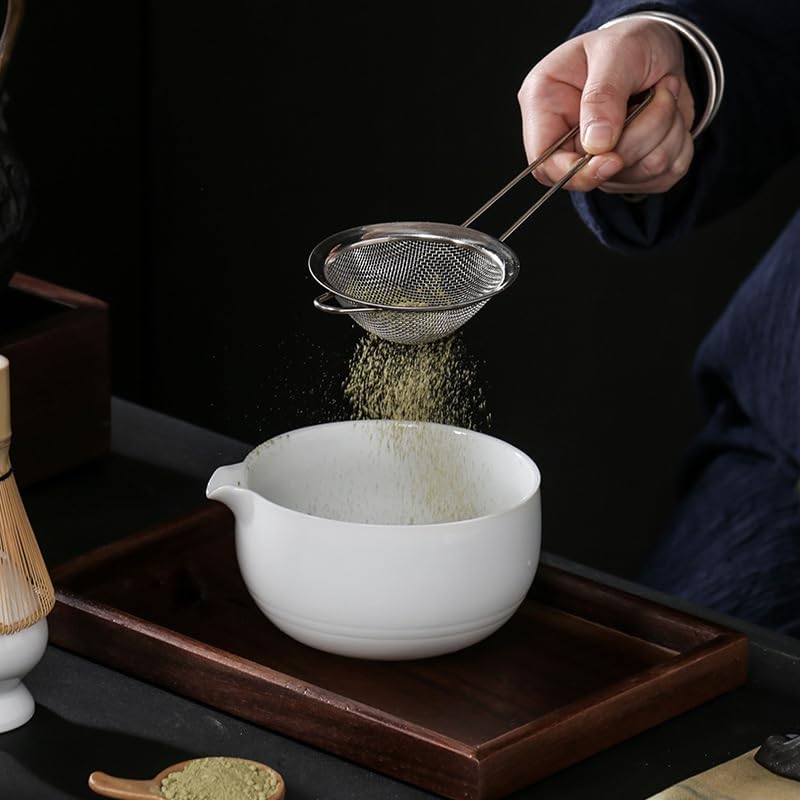 Japanese Matcha Tea Set of 7 Ceremony Matcha Kit with Matcha Bowl(Chawan) with Pouring Spout, Matcha Whisk (Chasen), Scoop (Chashaku), Ceramic Whisk Holder, Scoop Stand，Sifter,Tea Napkin Black - Image 3