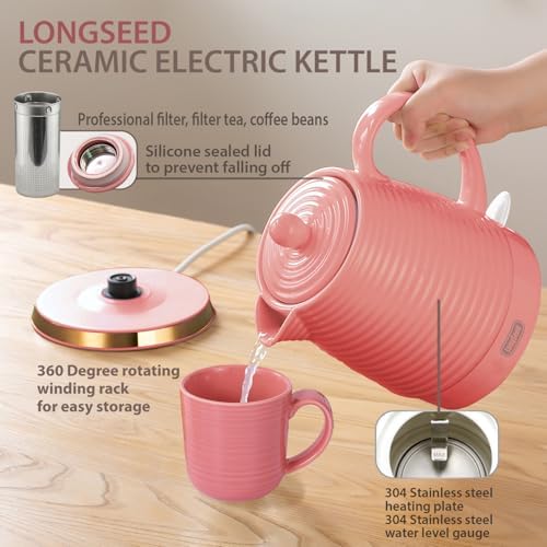 1.2L Ceramic Electric Kettle, 1000W Electric Tea Kettle with Textured Ribbed Design, Auto Shut-Off & Boil-Dry Protection, 360° Cordless Base, Bright Pink - Image 6