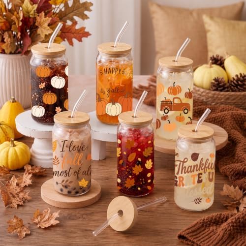 Fall Glass Cups with Lids and Straws, 6 Pack, 16oz, Happy Fall - Image 5