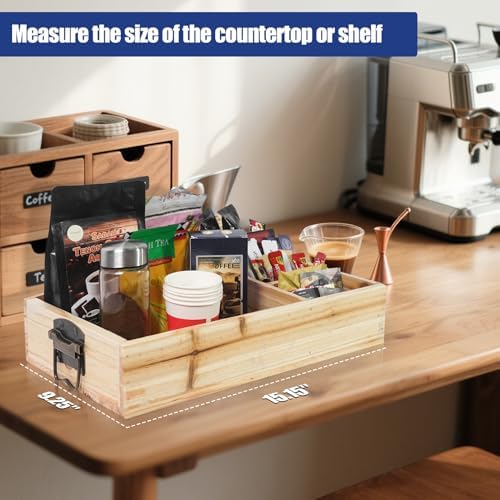 DreamsEden Large Wooden Coffee Station Organizer with Handle, 4-Section Countertop Tray for Coffee Pods K-Cups Tea Bags Creamer Sugar, Farmhouse Kitchen Office Breakroom Decor (15.15x9.25x3 Inch) - Image 4