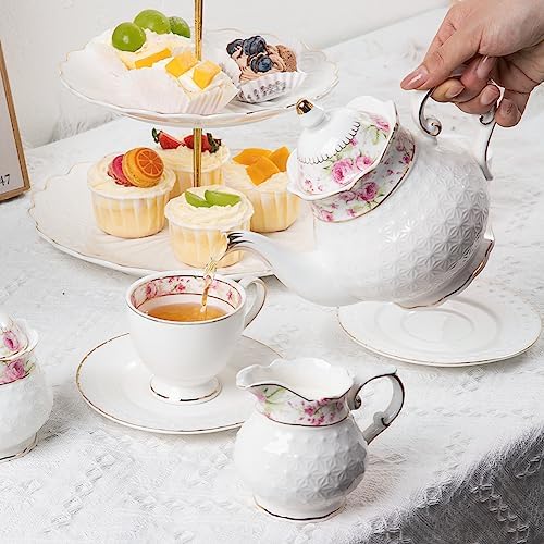 Sweejar 21 Piece Porcelain Tea Set, Vintage British Floral Relief Gold Rimmed Teapot Cup and Saucer Set, Tea Set Service with Teapot, Sugar Bowl, Milk Jug, Spoons, Tea Cup and Saucer Set of 6(Flower) - Image 6