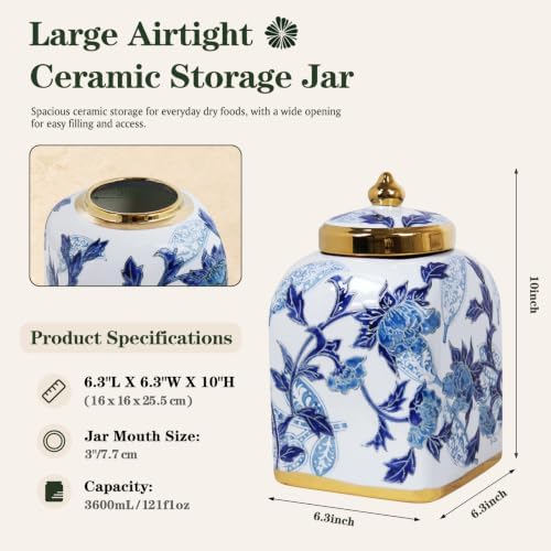 Blue and White Ceramic Tea Canister with Airtight Lid, 10" H Kitchen Decor Jar for Loose Leaf Tea & Coffee Bean Storage, Chinoiserie Decor Ginger Jars for Home Decor, 121 fl oz - Blue Peony - Image 2