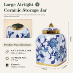 Blue and White Ceramic Tea Canister with Airtight Lid, 10" H Kitchen Decor Jar for Loose Leaf Tea & Coffee Bean Storage, Chinoiserie Decor Ginger Jars for Home Decor, 121 fl oz - Blue Peony - Image 2