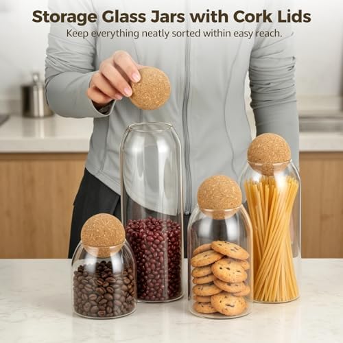 4 Pcs Storage Glass Jars, Spherical Cork Lid Airtight Canisters, Glass Food Storage Containers for Coffee Beans, Candies, Tea, Kitchen Counter Jars, 17 oz, 27 oz, 40 oz, 51 oz - Image 2