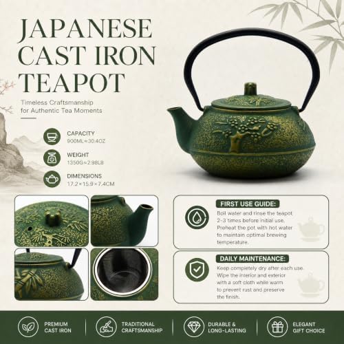 30.4oz Small Cast Iron Tea Kettle, SECHUDO Teapot Coated with Enameled Interior for Stovetop, Japanese Green Tea Pot with Stainless Steel Strainer for Loose Leaf, Pine,Bamboo and Plum Pattern(900ml) - Image 7