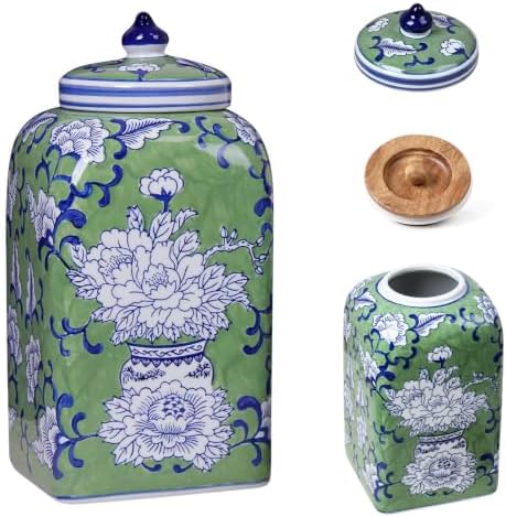 12.5" H Ceramic Kitchen Canisters for Countertop, Tea & Coffee Bean Storage Canister with Airtight Lid, Hand-painted Chinoiserie Decor Ginger Jar for Home Decor, 155 fl oz - Green Peony by Unknown