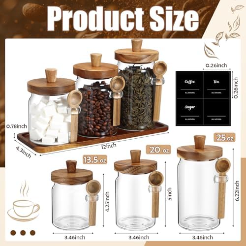 Suclain 3 Pcs Glass Coffee Container Set, 13.5,20,25 oz, Acacia Brown - Image 2