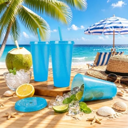 24 Pcs Blue Tumblers with Straw & Lid - 24oz Coffee Cups - Image 4