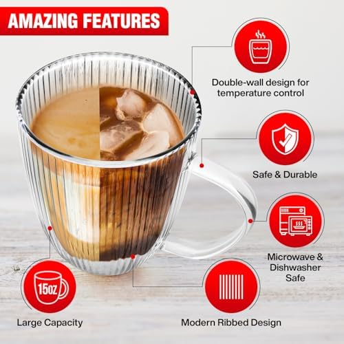 Jayour Fluted Double-Wall Glass Coffee Mugs | 15oz Latte & Cappuccino Mugs | Modern Ribbed Design - Set of 4 - Image 4