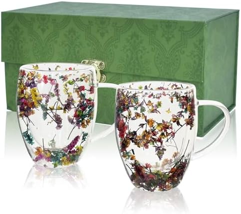 Coffee cups, Double Wall Glass Coffee Mug, Insulated Glass Coffee Mug Flower Mug Clear Cups by Unknown