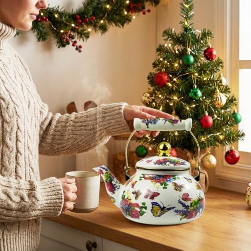 Enamel Tea Kettle 2.6 Quart, Vintage Butterfly Floral Stovetop Teapot - Image 7