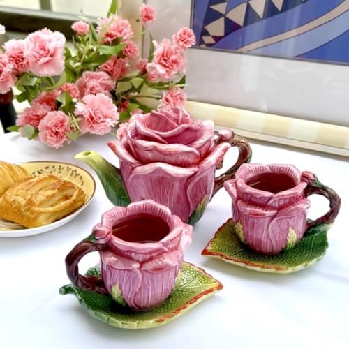 Ceramic Rose Tea Pot Set, 3D Hand-painted Rose Red Flower Cup and Green Leaves Saucer, Set of 5 - Image 3