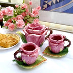 Ceramic Rose Tea Pot Set, 3D Hand-painted Rose Red Flower Cup and Green Leaves Saucer, Set of 5 - Image 3