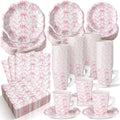 Pickmesh 252 Pcs Pink Bow Floral Tea Party Supplies for 36 Guests Flower Paper Disposable Dinnerware Flower Teacup with Handle and Saucers Set for Tea Party Decorations Birthday Baby Shower Wedding by Pickmesh