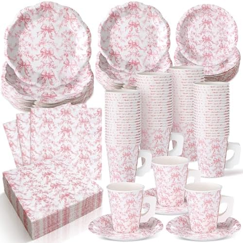 Pickmesh 252 Pcs Pink Bow Floral Tea Party Supplies for 36 Guests Flower Paper Disposable Dinnerware Flower Teacup with Handle and Saucers Set for Tea Party Decorations Birthday Baby Shower Wedding by Pickmesh
