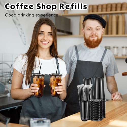 Ziliny 50 Sets 20 oz Black Plastic Iced Coffee Cups with Lids and Straws - Image 6